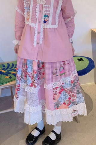 Loose A-Line Flowers Printed Lace Skirts