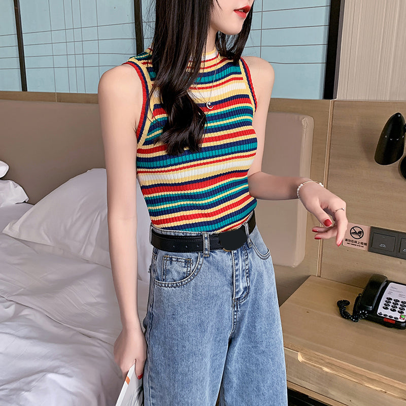 O-Neck Off Shoulder Stripe Knitted Crop Tops