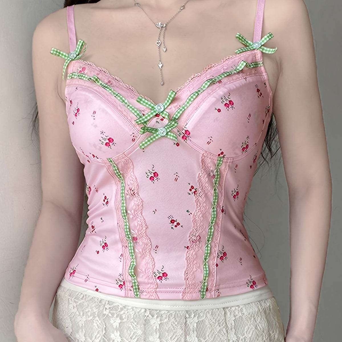Chic Y2K Floral & Plaid Lace-Trim Cami Top - French-Inspired, Stretchy Linen Blend, Machine Washable - Perfect for All Seasons