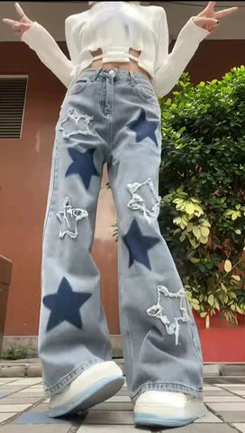 Pantalones vaqueros holgados con estrellas azules Y2K