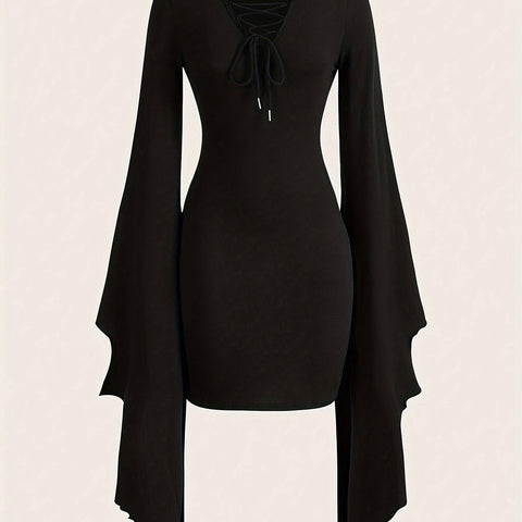 V Neck Asymmetrical Lace Dress Lace Up V Neck Asymmetrical Dress, Y2K Long Sleeve Dress For & Fall, Clothing