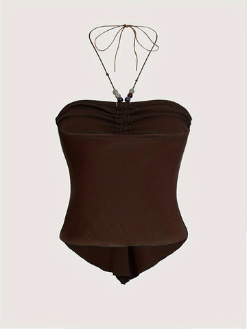 Solid Color Stretchy Polyester Blend Halter Neck Top - Y2K-Inspired Beaded Detail, Perfect for All Seasons