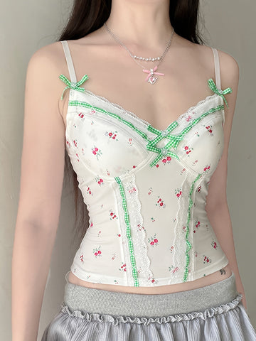 Chic Y2K Floral & Plaid Lace-Trim Cami Top - French-Inspired, Stretchy Linen Blend, Machine Washable - Perfect for All Seasons