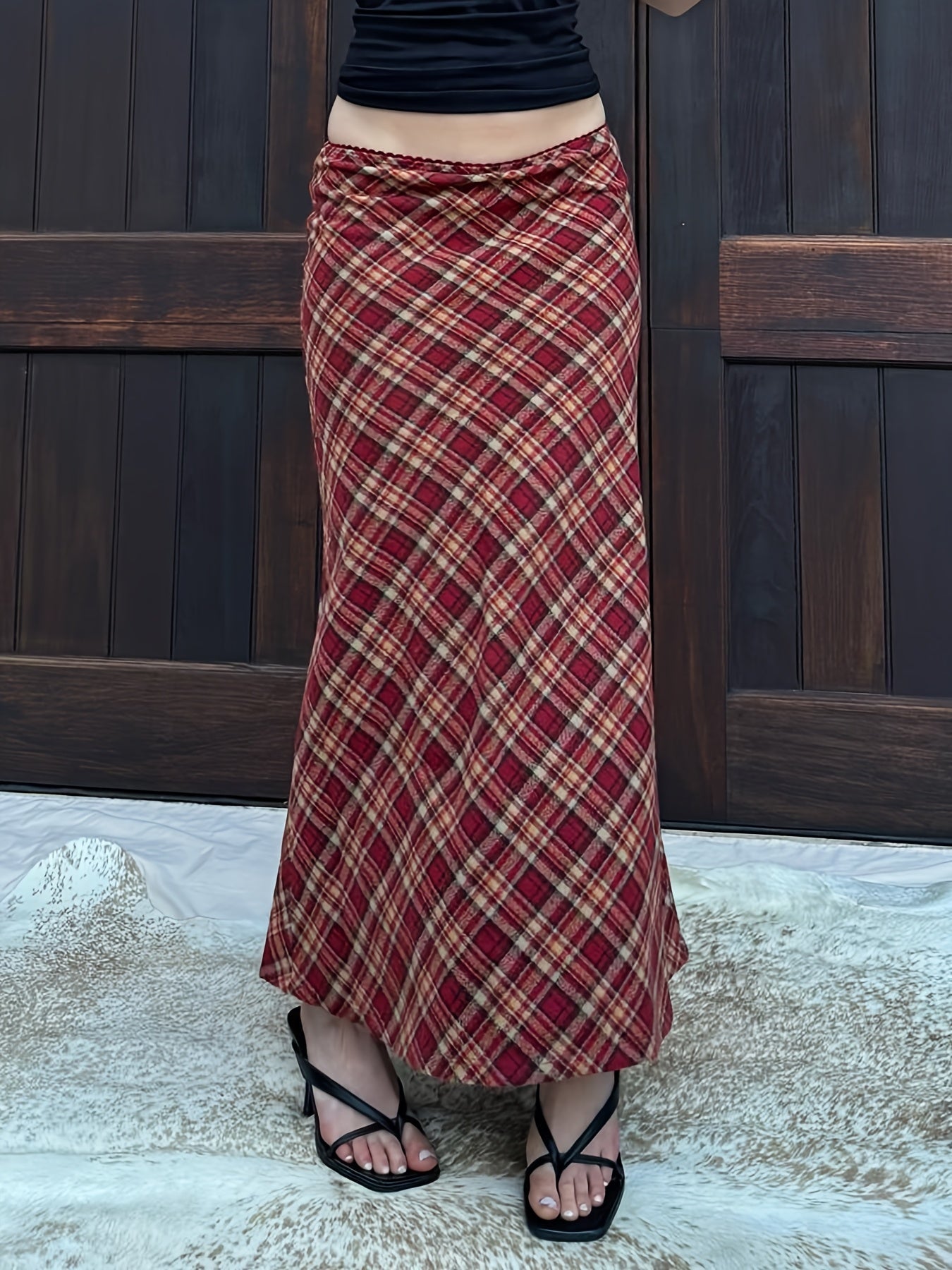 Y2K-Inspired Harajuku Plaid Maxi Skirt with Mermaid Hem - Stretchy Polyester Blend, Machine Washable, Red & Black Checkered Pattern for All Seasons, Allseason Fashion|Bold Pattern Skirt|Flexible Clothing