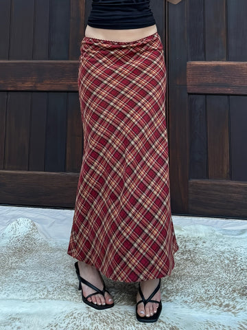 Y2K-Inspired Harajuku Plaid Maxi Skirt with Mermaid Hem - Stretchy Polyester Blend, Machine Washable, Red & Black Checkered Pattern for All Seasons, Allseason Fashion|Bold Pattern Skirt|Flexible Clothing