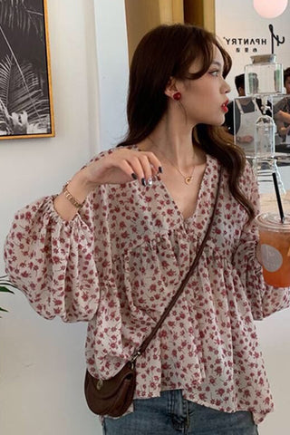 Long Sleeve V-Neck Elegant Flowers Blouse Shirt