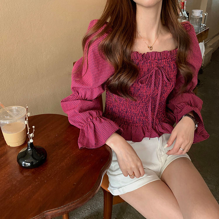Long Sleeve Plaid Sexy Square Collar Bow Crop Tops