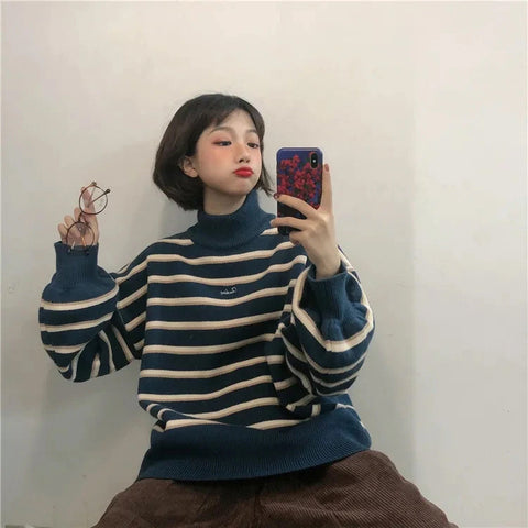 Turtleneck Striped Loose Sweater