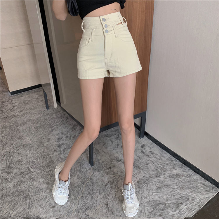 Jeansshorts mit hoher Taille und verlängertem Knopf 