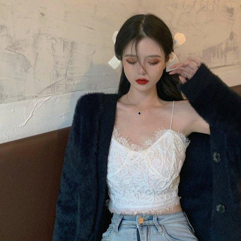 Sexy Solid Elegant Lace Spaghetti Strap Crop Tops