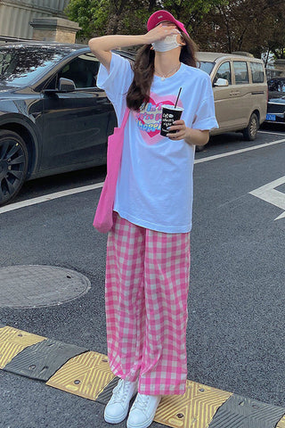 Cute Light Colors Long Loose Plaid Pants