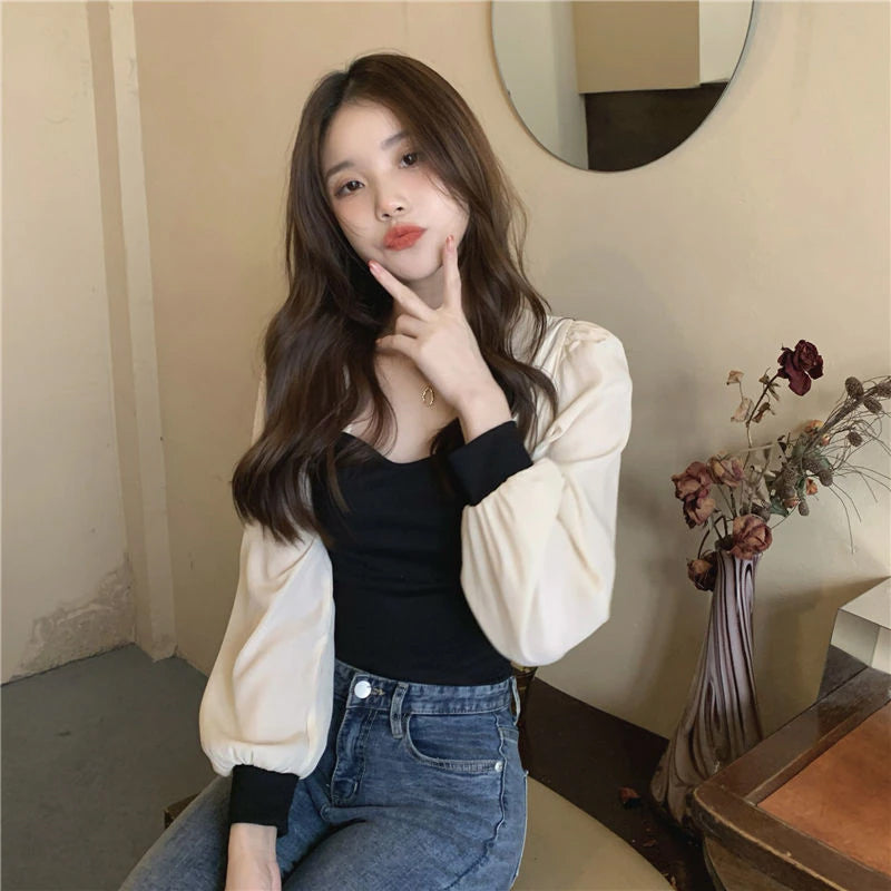 Color Stitching Skinny Chiffon Long Sleeve Shirt