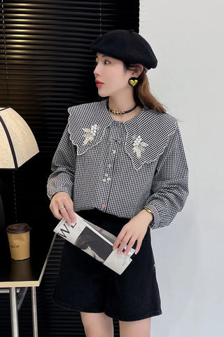 Long Sleeve Doll Collar Striped Blouse Shirt