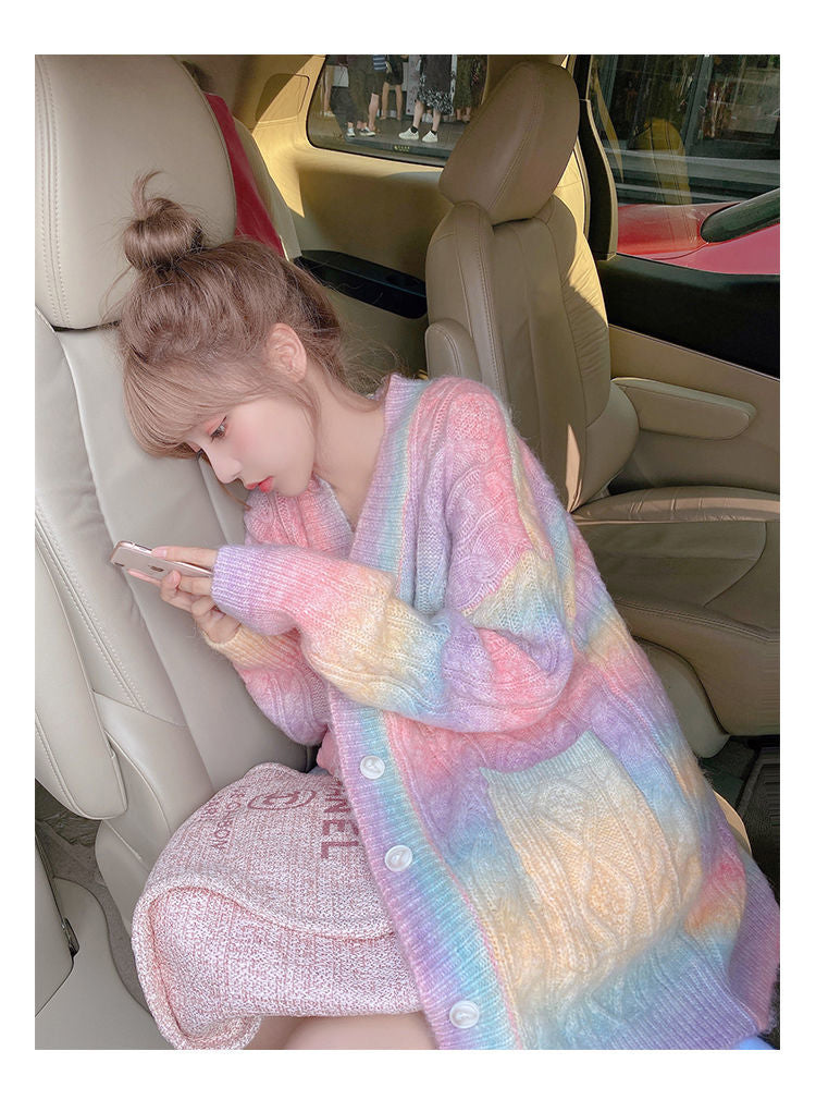 Pastel Rainbow Loose Cardigan Knitted Sweater