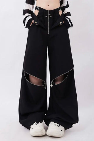 Loose Retro Cut Out Zipper Knee Pants