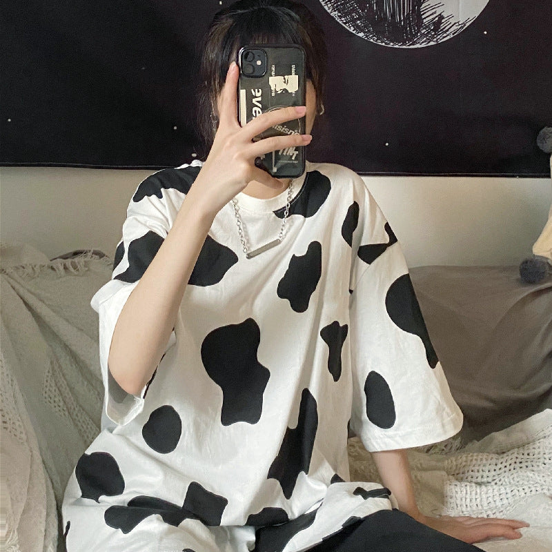 Loose Short Sleeve Cow Pattern Shirt