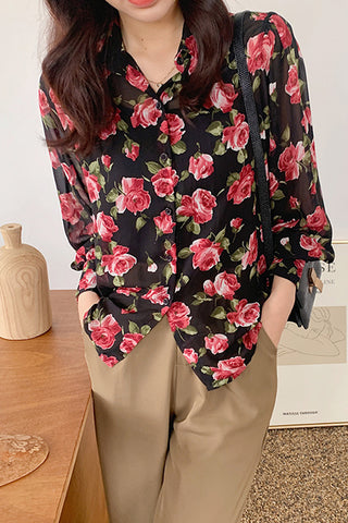 Flower Pattern Chiffon Blouse Shirt