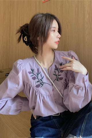 V-Neck Flower Embroidered Blouse Shirt