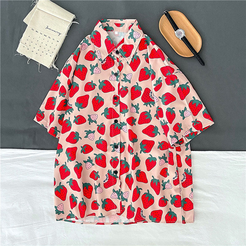 Cute Strawberry Printed Short Sleeve Blouse Shirt