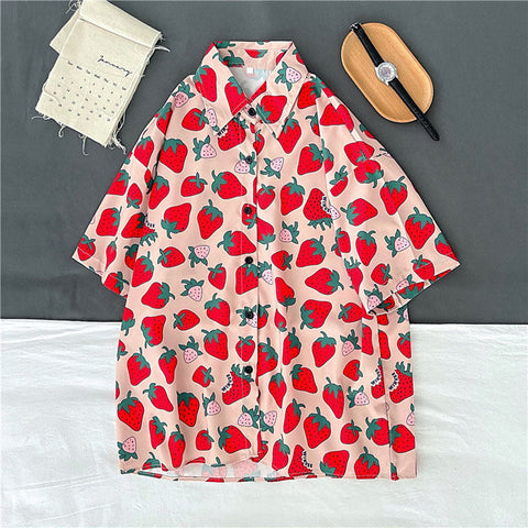 Cute Strawberry Printed Short Sleeve Blouse Shirt