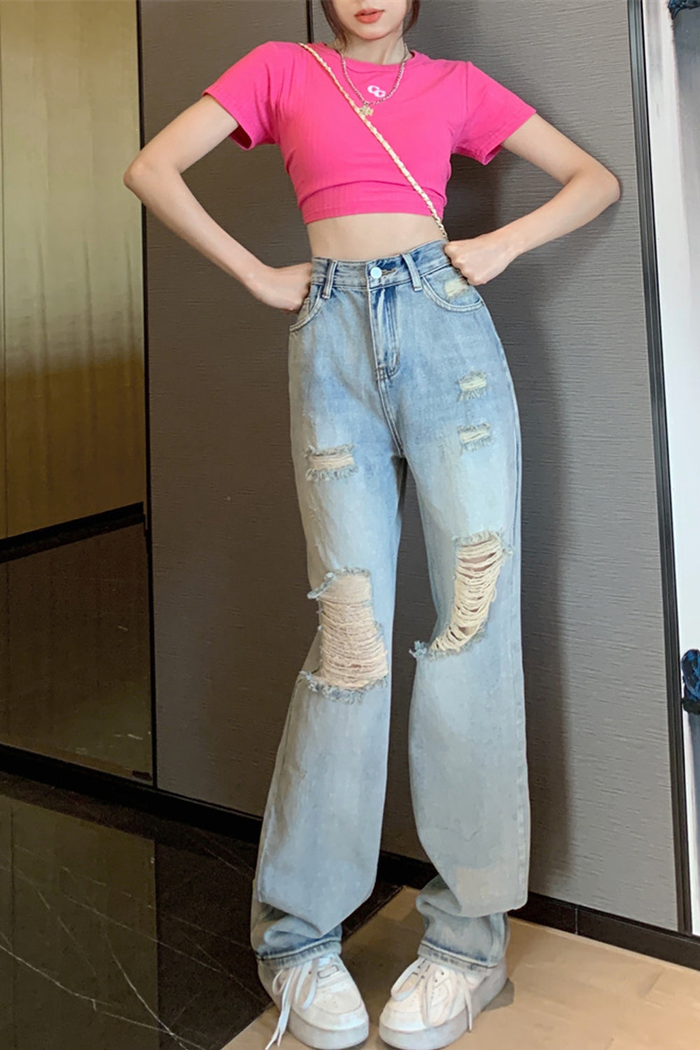 High Waist Ripped Loose Jeans Pants