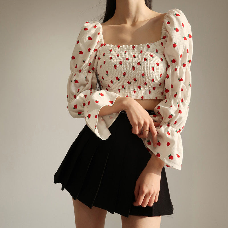 Sexy Slash Neck Strawberry Pattern Puff Sleeve Shirt