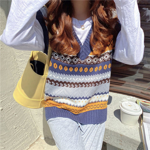 Retro V-Neck Geometric Pattern Vest Sweater