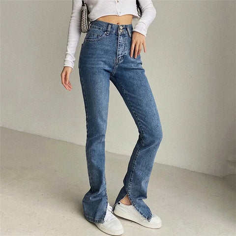 Retro High Waist Splitted Leg Flare Jeans