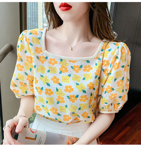 Puff Sleeve Daisy Floral Elegant Shirt