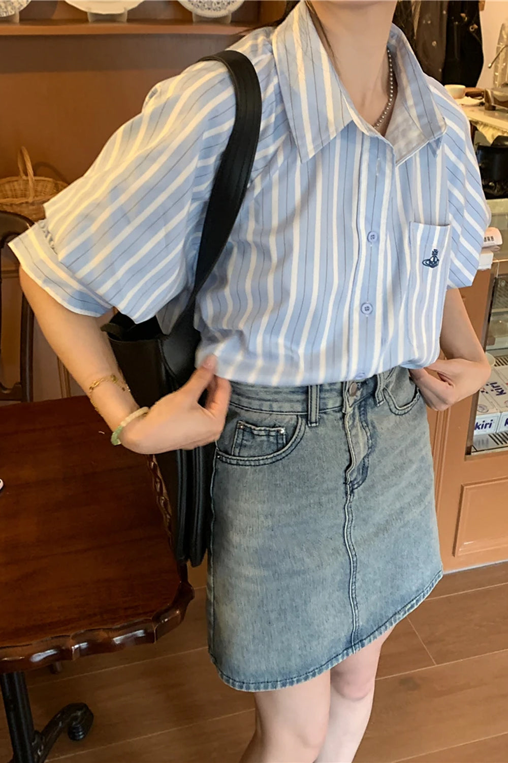 Short Sleeve Vertical Striped Blouse Shirts
