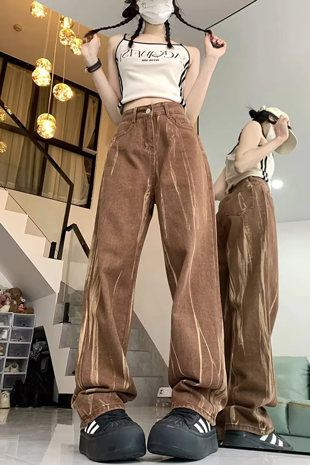 Pantalones vaqueros retro marrones de cintura alta 