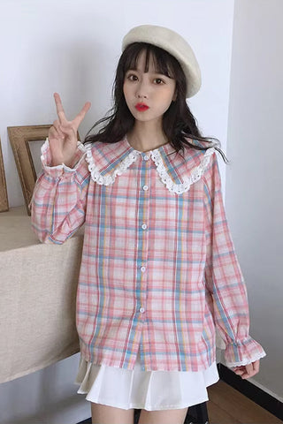 Long Sleeve Cute Plaid Pattern Peter Pan Collar Blouse Shirt