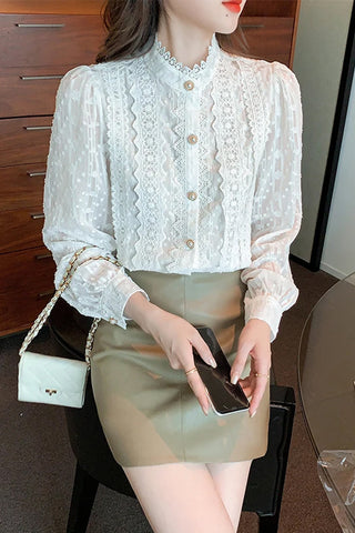 Long Sleeve Stand Neck Lace Blouse Shirt