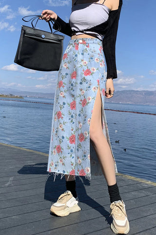 High Waist Slit Floral Printed Jeans Skirt