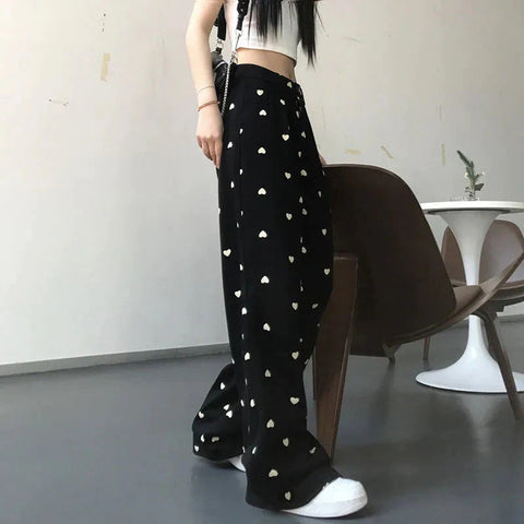 High Waist Heart Full Printed Wide Leg Loose Pants