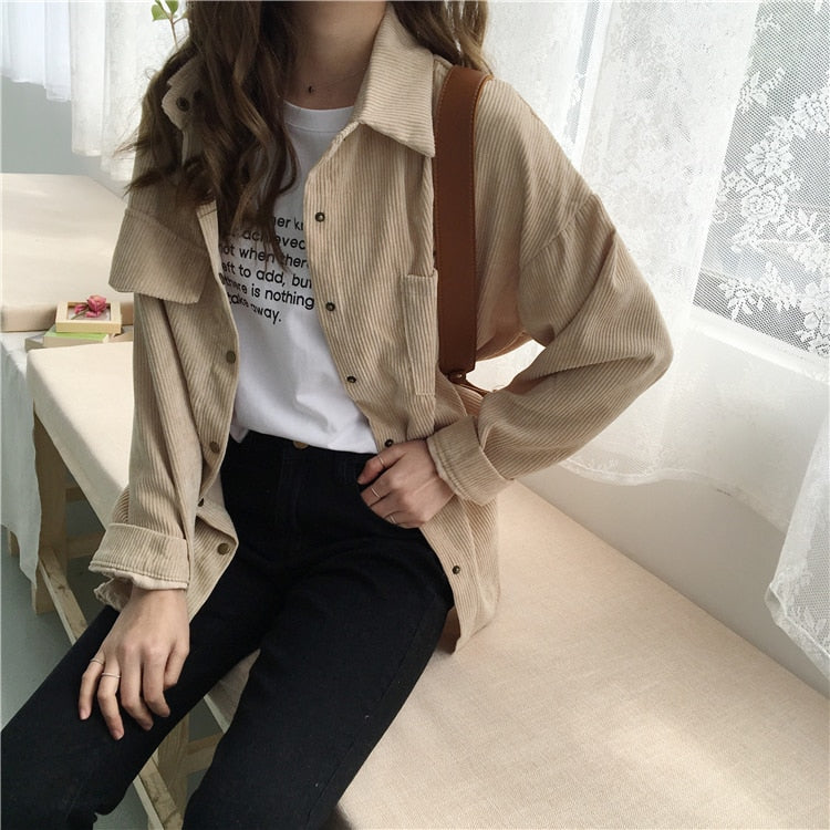 Loose Solid Long Sleeve Corduroy Tops