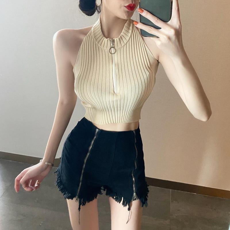 Sexy Sleeveless Knitted Zipper Crop Tops