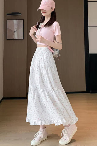 High Waist Floral Ruffles Sweet Long Skirts