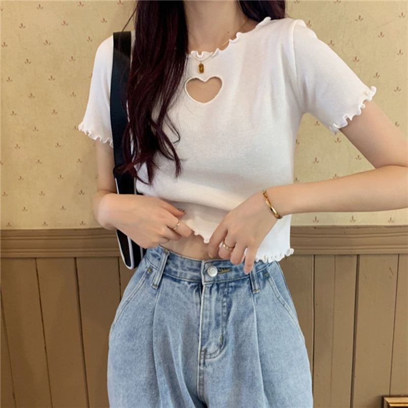 Love Hole Pattern Sweet Ruffled Shirt