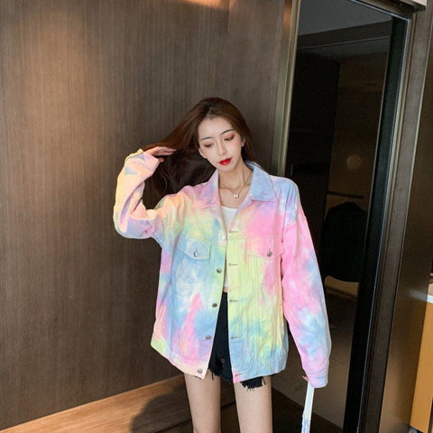 Rainbow Tie Dye Casual Denim Jacket