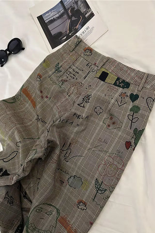 Loose Graffiti Printed Long Plaid Pants