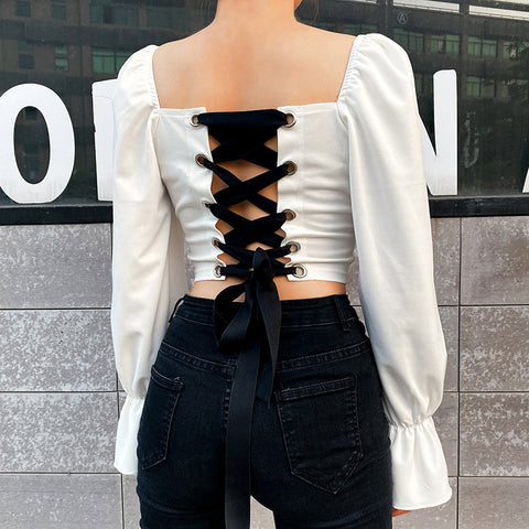 Back Belt Puff Sleeve Crop Tops