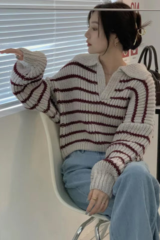 Long Sleeve Turn Down Collar Striped Cropped Sweater
