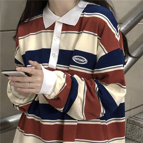 Turn Down Collar Retro Striped Sweatshirt