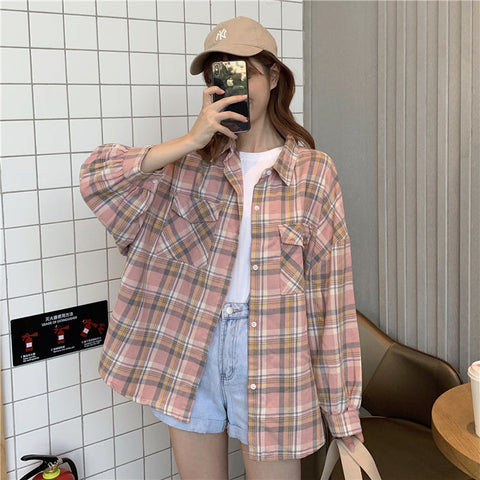 Loose Bat Sleeve Plaid Shirt