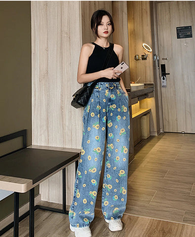 Sun Flower Full Printed Wide Leg Denim Jeans