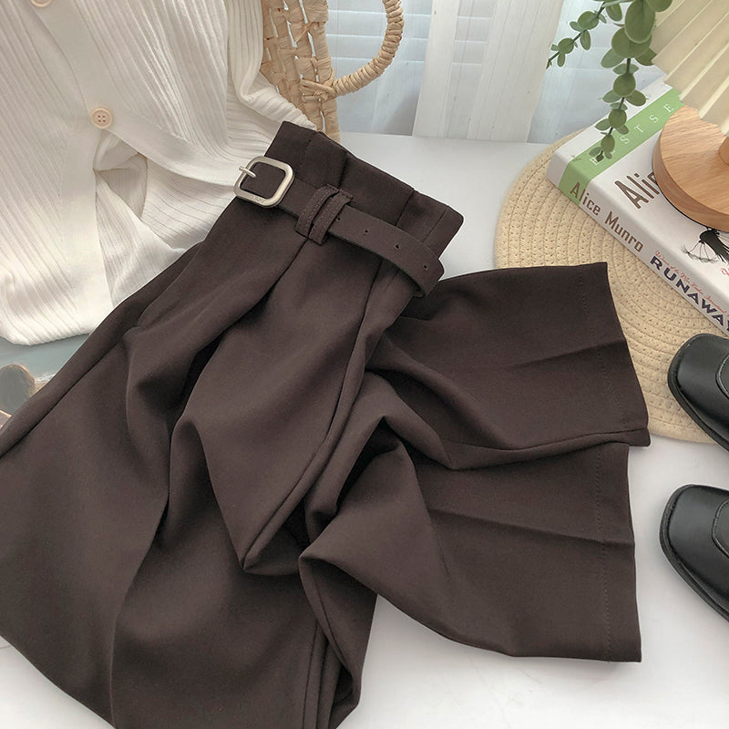 High Waist Belted Loose Office Long Pants