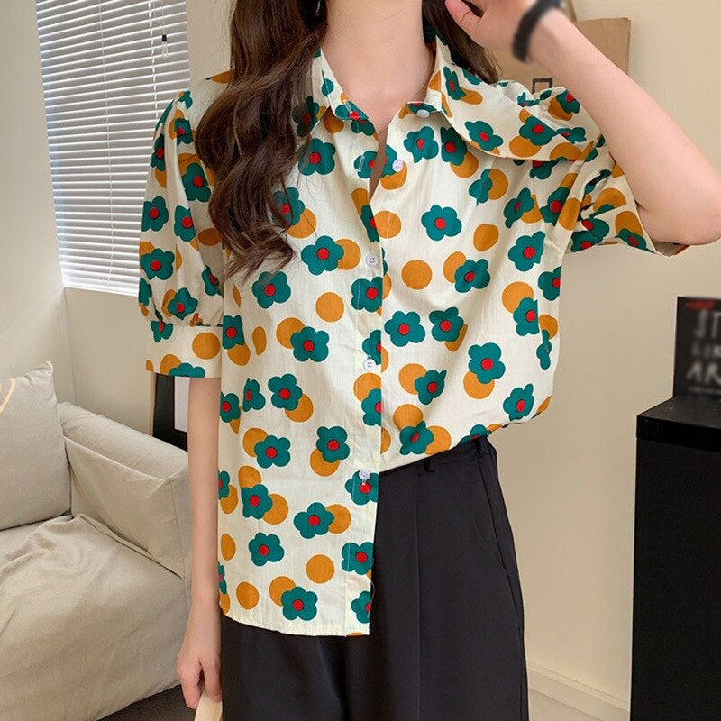 Cartoon Floral Printed Retro Blouse Shirt