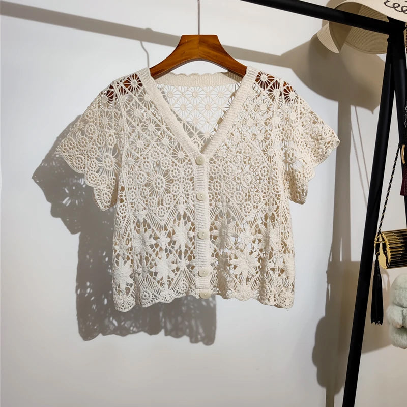V-Neck Knitted Embroidered Crochet Open Shirts