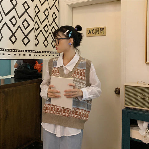 Retro Pattern V-Neck Sleeveless Vest Sweater
